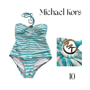Michael Kors Striped one piece Swimsuit blue white gold MK size 10
